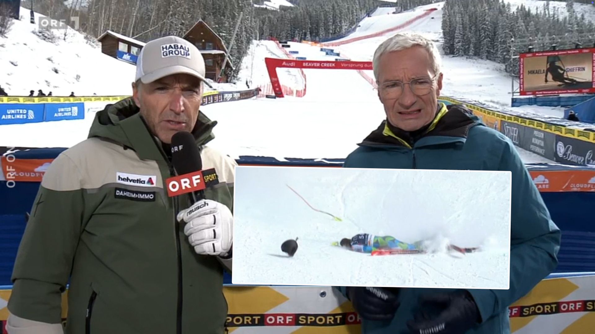 Rok Aznoh stürzt brutal. ORF-Experte Hans Knauß und Moderator Rainer Pariasek reagieren schockiert.