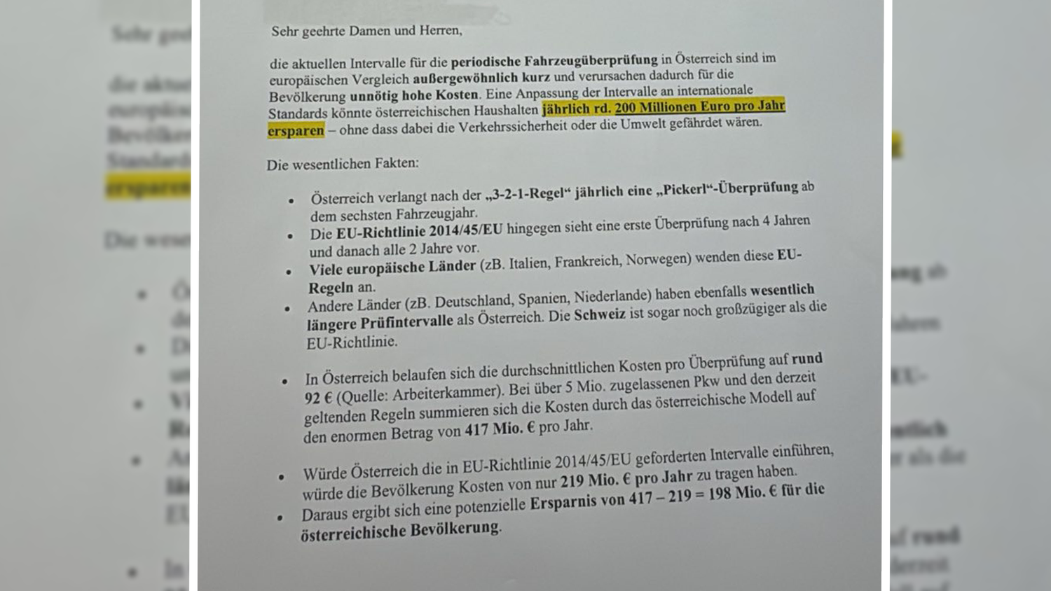 Ein Ausschnitt des mehrseitigen Dokuments, dass der Wiener bei Schellhorn einreichte.