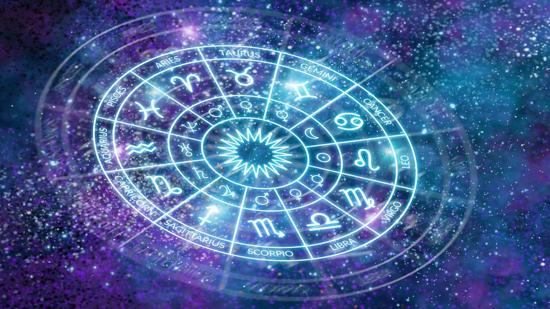 Zodiac circle banner on the background of the dark space. Astrology. The science of stars and planets. Esoteric knowledge. Ruler planets. Twelve signs of the zodiac. Copy space