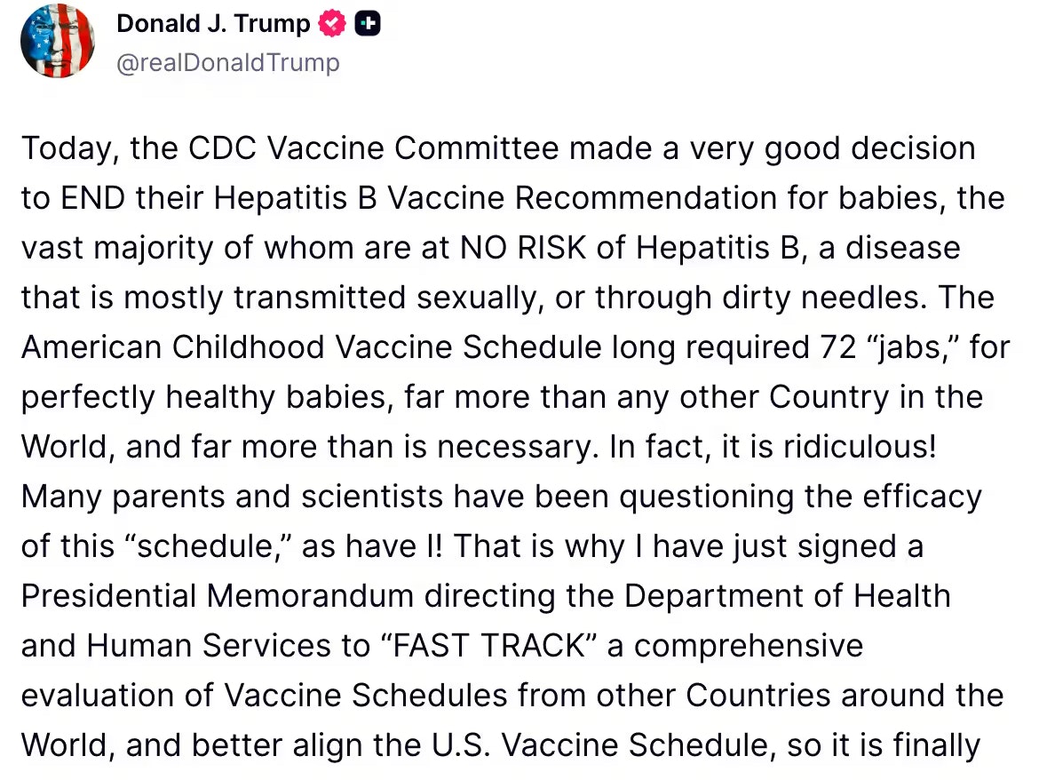 Donald Trump freut sich auf Truth Social über die Entscheidung der CDC.