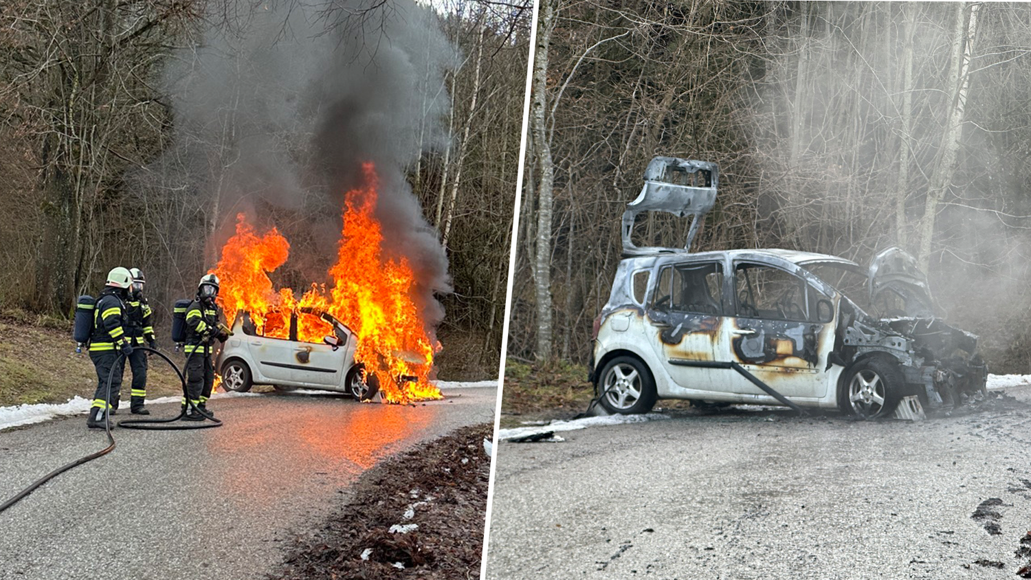 Heute.at - Auto geht in Flammen auf – nur Wrack bleibt übrig