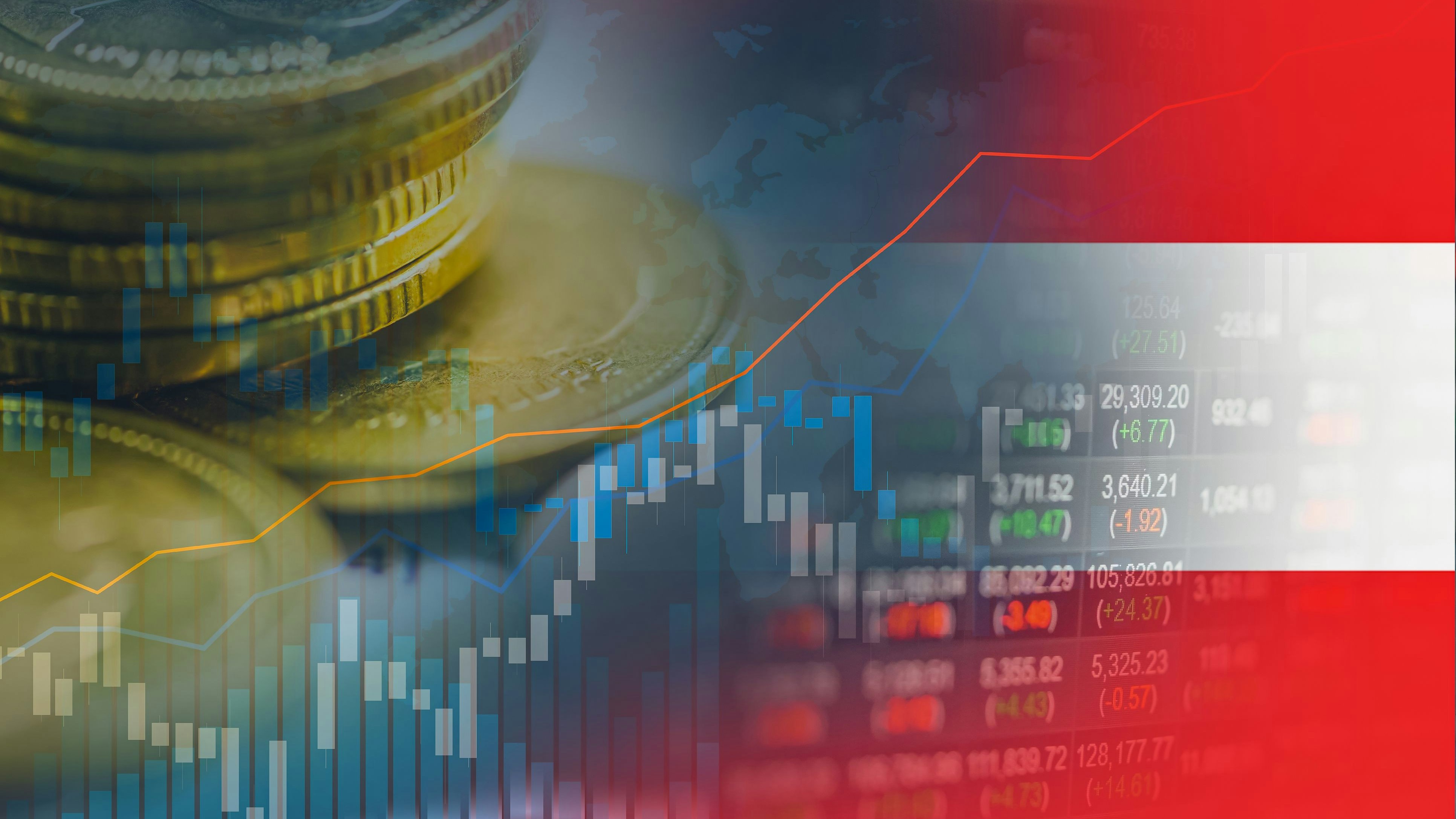 Stock market investment trading financial, coin and Austria flag or Forex for analyze profit finance business trend data background.