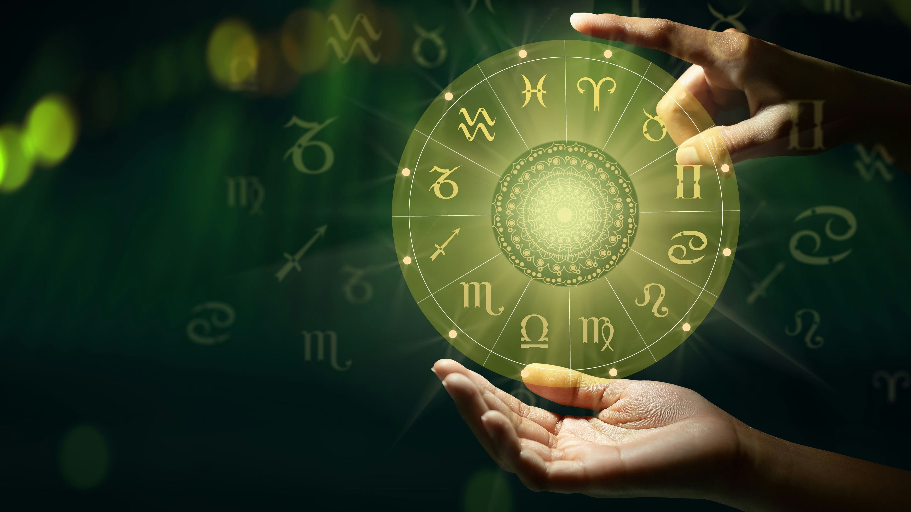 Human predicts the future. Zodiac sign wheel of fortune hologram with mandala inside. Deep green and life graph background. Copy space.