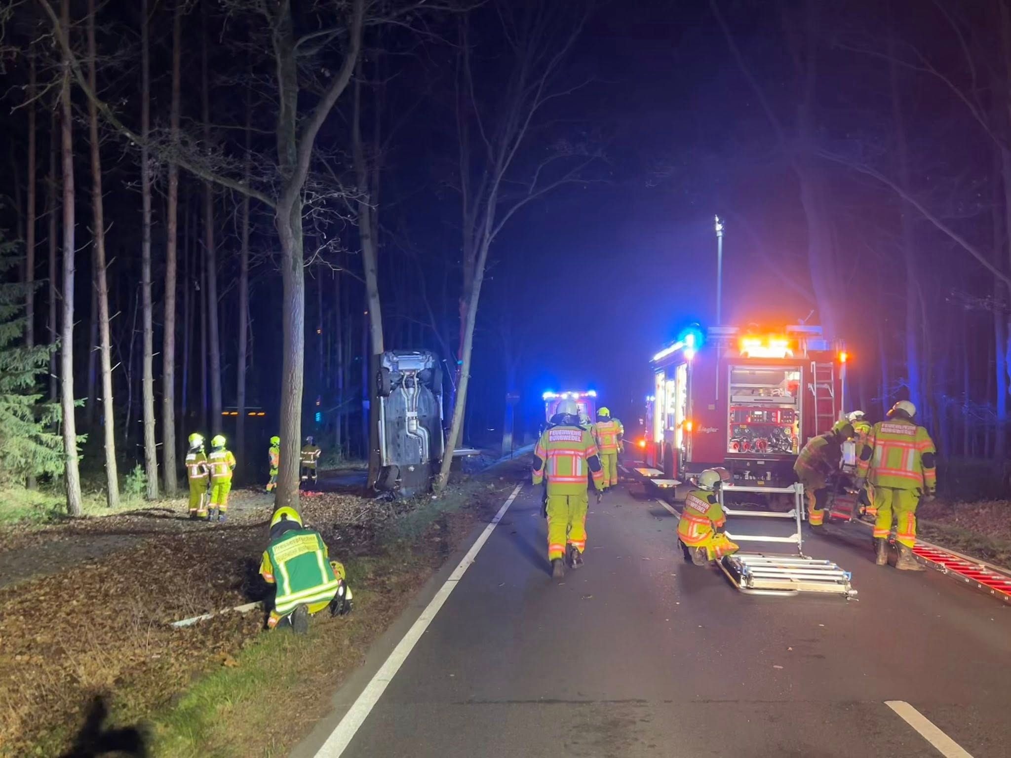 Kurioser Unfall in Fuhrberg (D): Ein Auto blieb senkrecht zwischen mehreren Bäumen hängen.