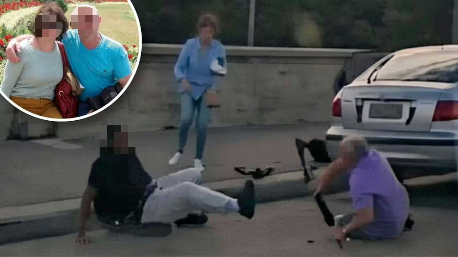 Das Ehepaar Boris († 69, rechts im violetten Shirt) und Sofia G. († 61) starb beim Versuch, einen der beiden Sydney-Attentäter (l.) vor Beginn des Angriffs zu stoppen – die Dashcam-Aufnahmen eines vorbeifahrenden Autos zeigen einen Teil der Auseinandersetzung.