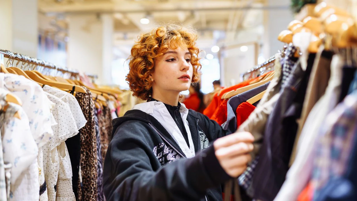 portrait of red-haired attractive young woman trying on clothes in store, buying autumn clothes, shopping