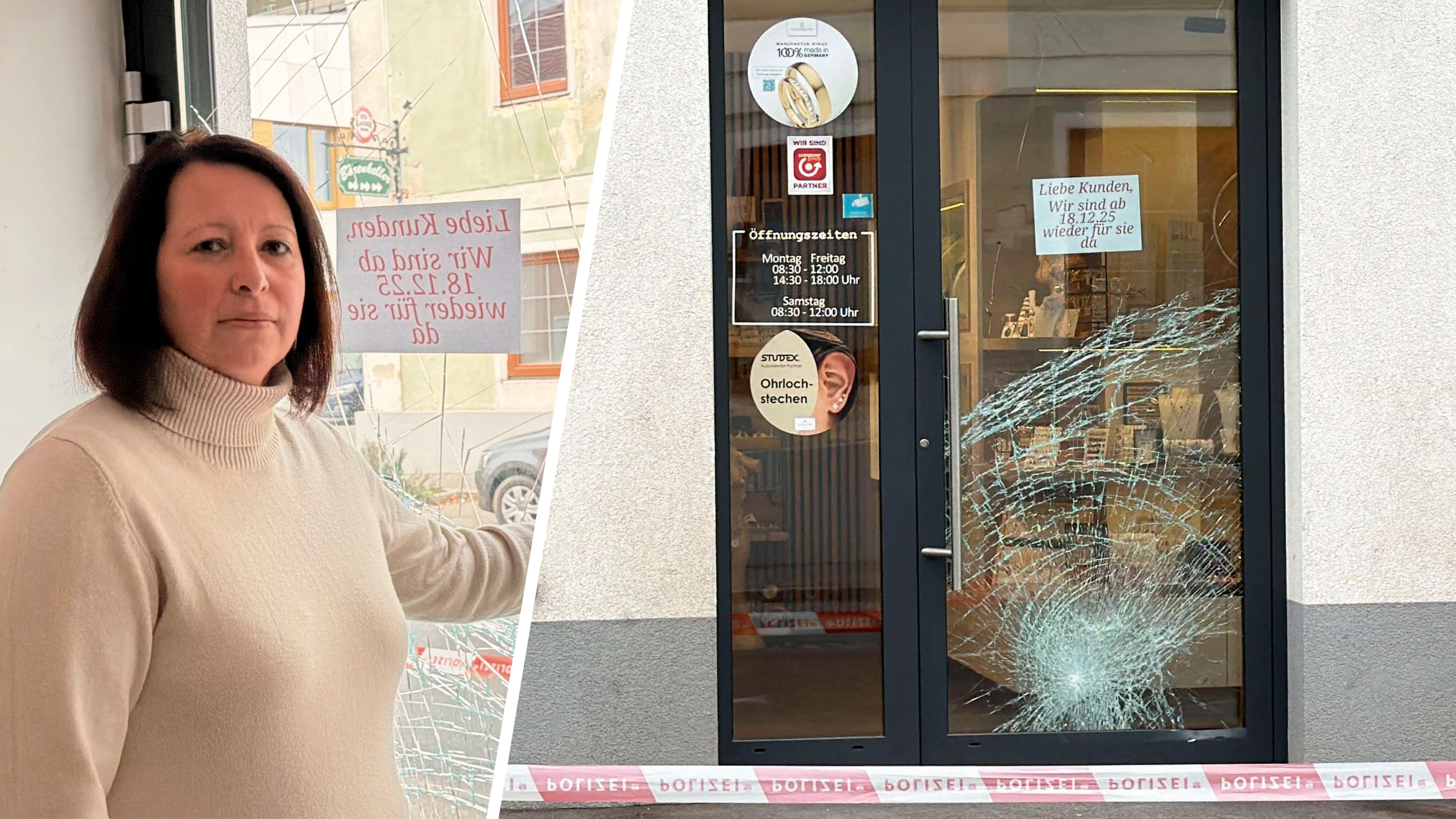 Renate Berger nach dem Rammbock-Coup in ihrem Juwelier-Geschäft