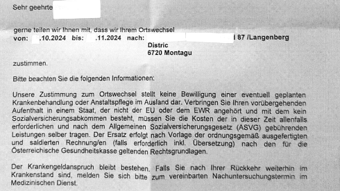 Diesen ÖGK-Brief erhielt die erkrankte Mitarbeiterin hinsichtlich ihrer Urlaubsreise.