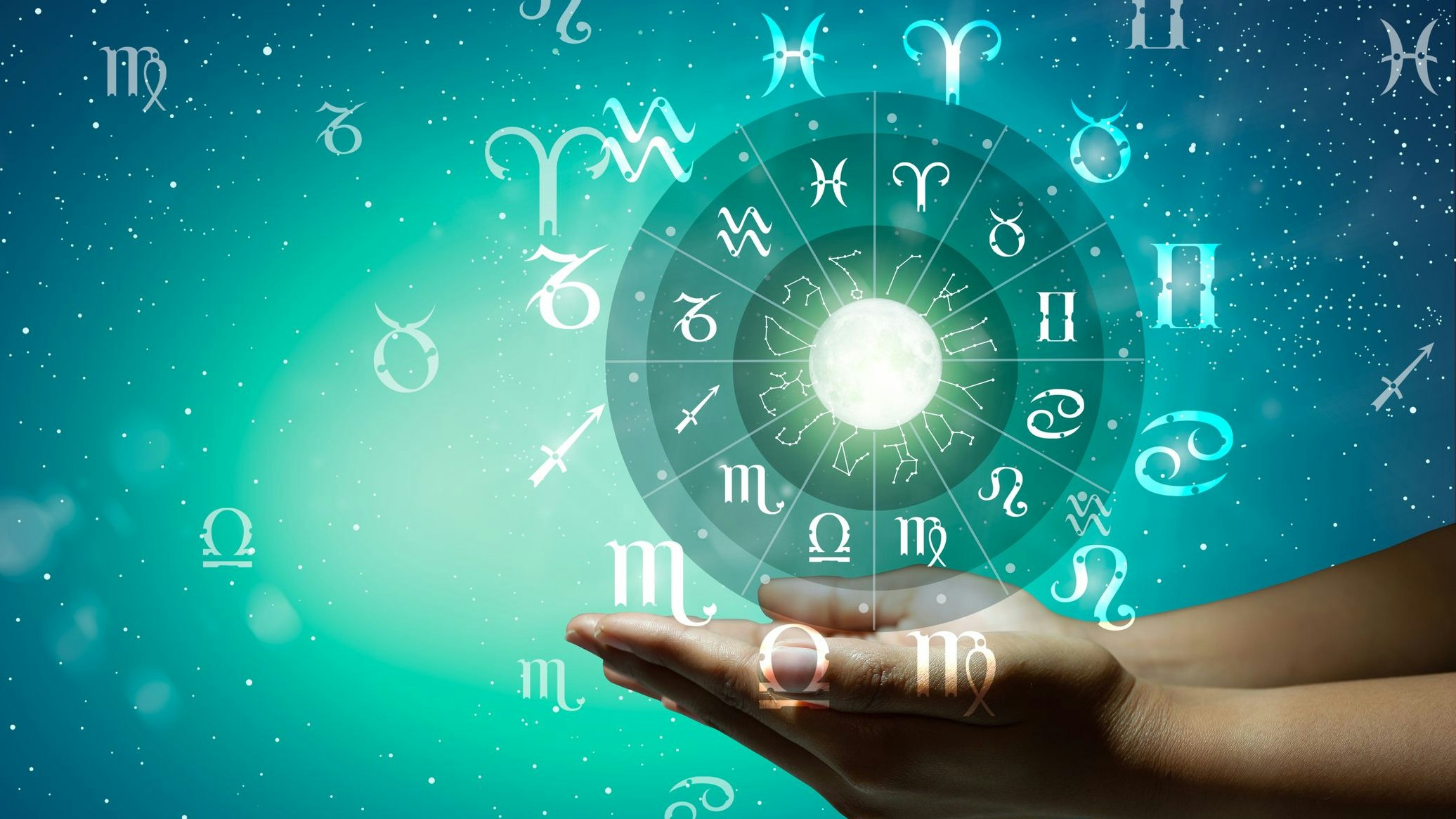 Astrological zodiac signs inside of horoscope circle. Astrology, knowledge of stars in the sky over the milky way and moon. The power of the universe concept.