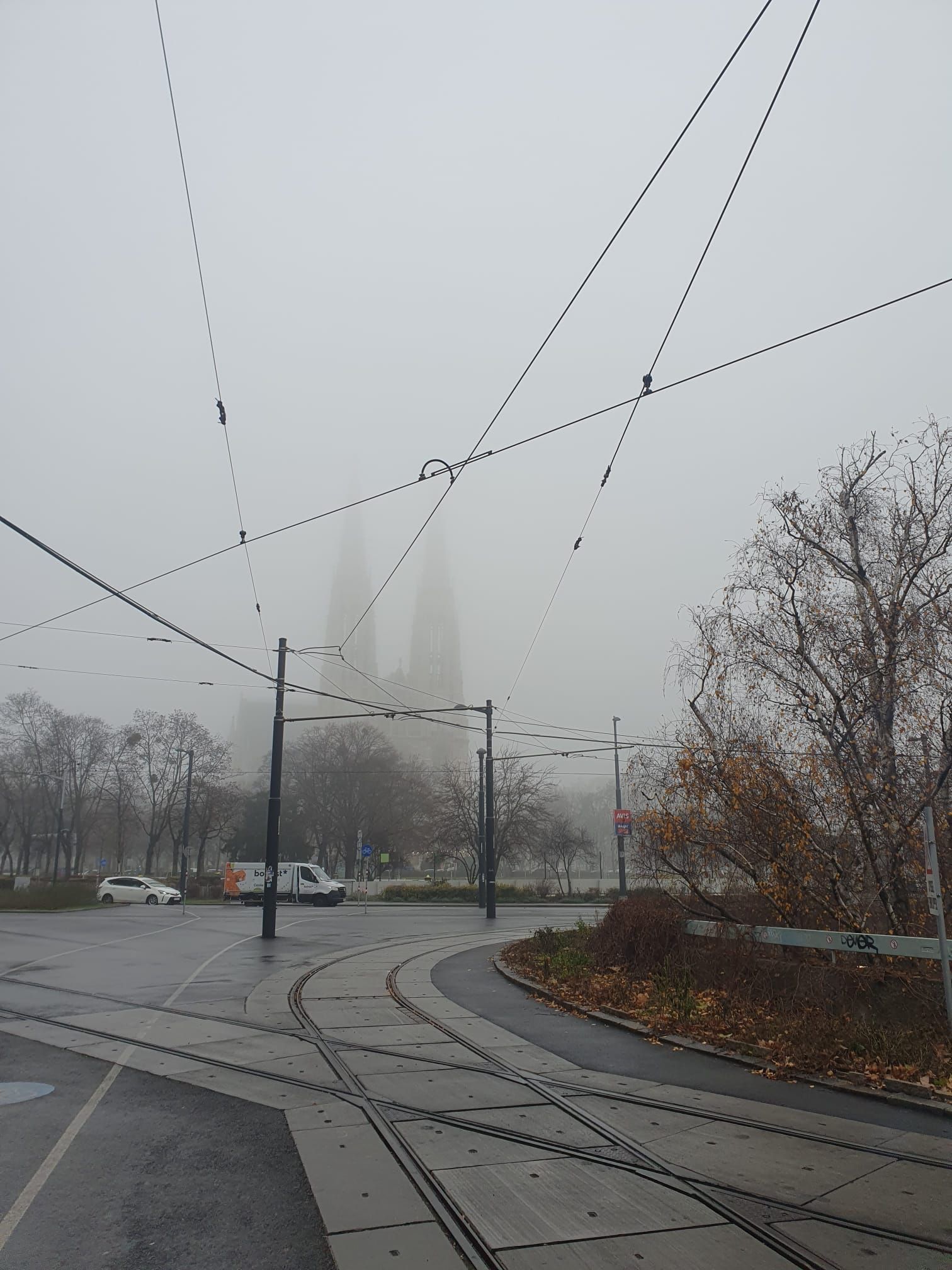Die Wiener Votivkirche versinkt im Nebel.