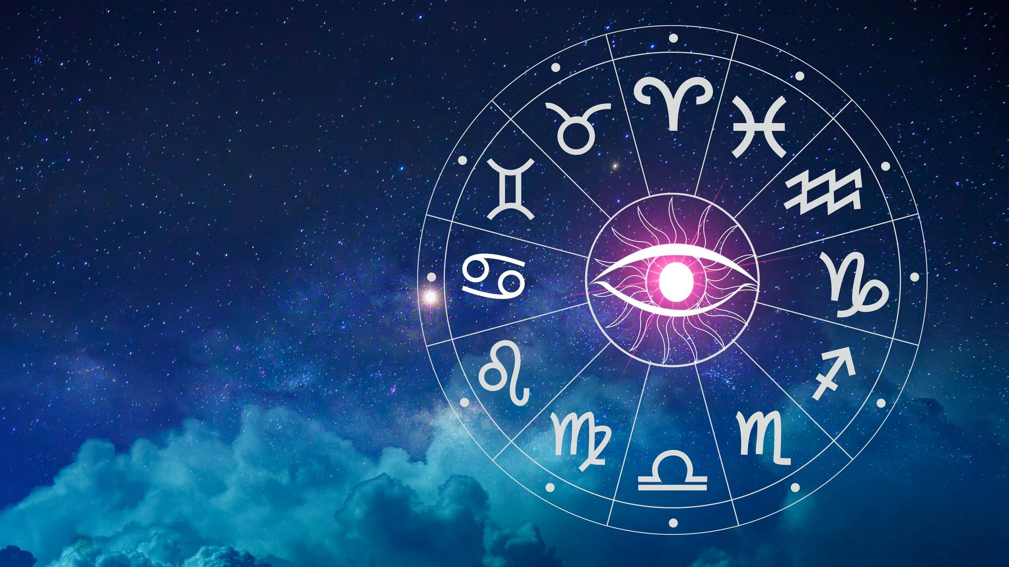 Zodiac signs, astrology and horoscopes concepts. Zodiac signs inside of horoscope circle. Astrology in the sky with many stars and moons astrology and horoscopes concept