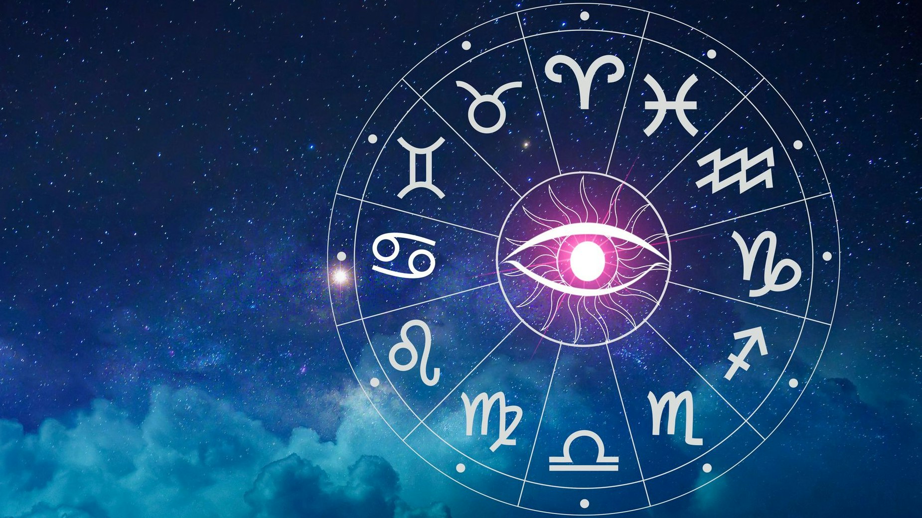 Zodiac signs, astrology and horoscopes concepts. Zodiac signs inside of horoscope circle. Astrology in the sky with many stars and moons astrology and horoscopes concept