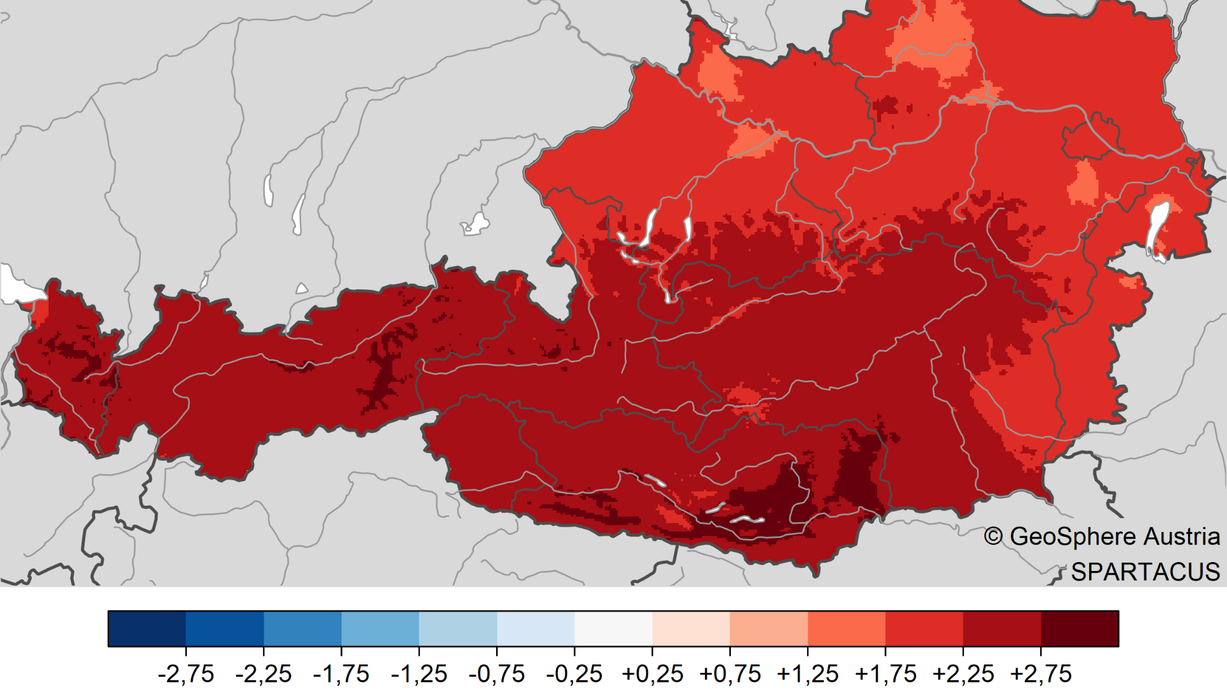 Temperatur im Jahr 2025: Abweichung der Temperatur vom Mittel 1961-1990.