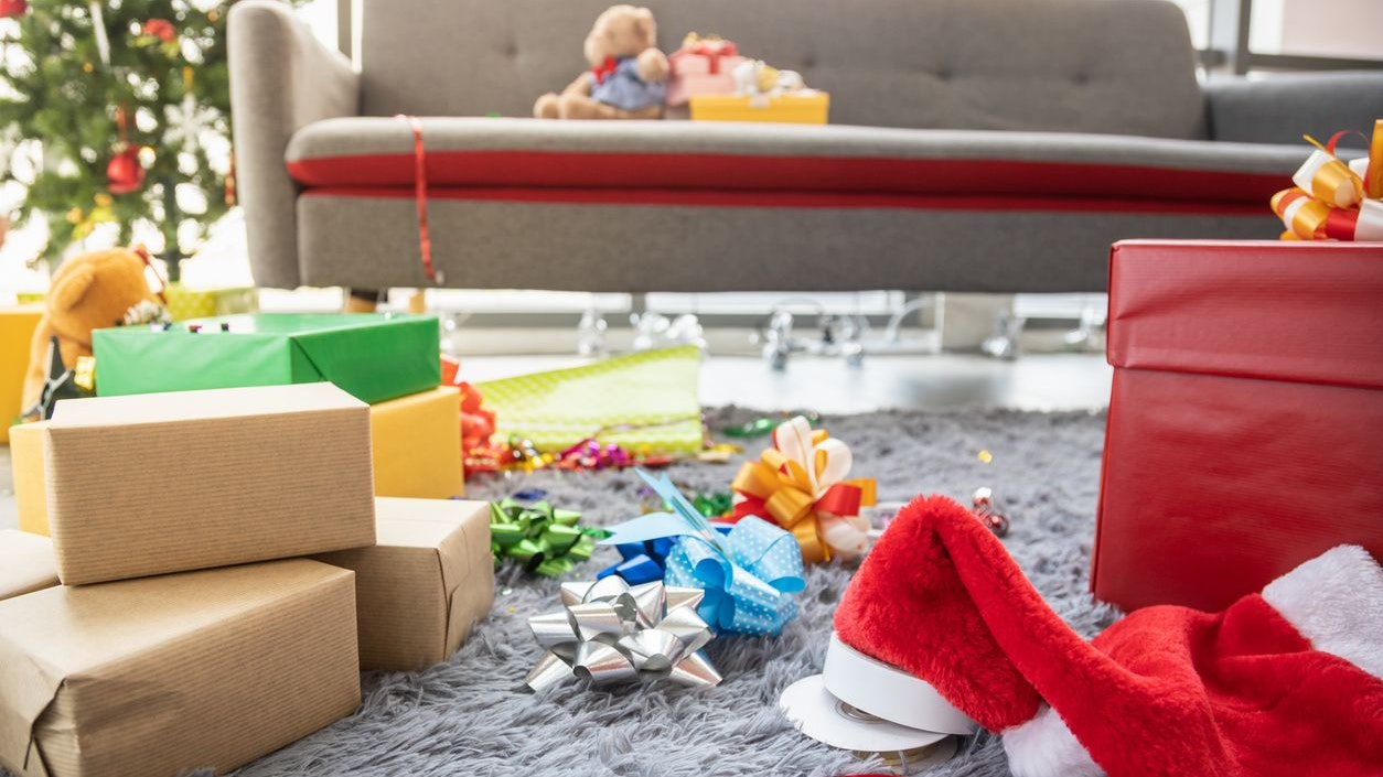 Christmas and Holiday Concept. Gift box, ribbon paper and decoration and prepare for Xmas party in living room.