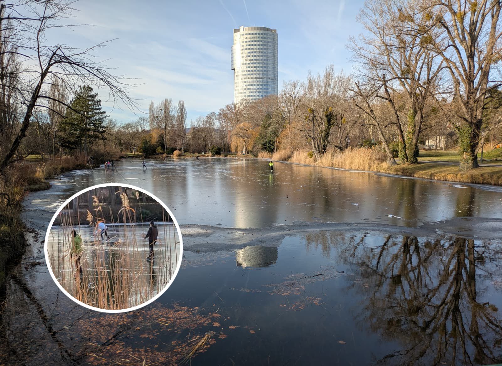 Kinder und Jugendliche wagten sich auf das dünne Eis im Floridsdorfer Wasserpark.
