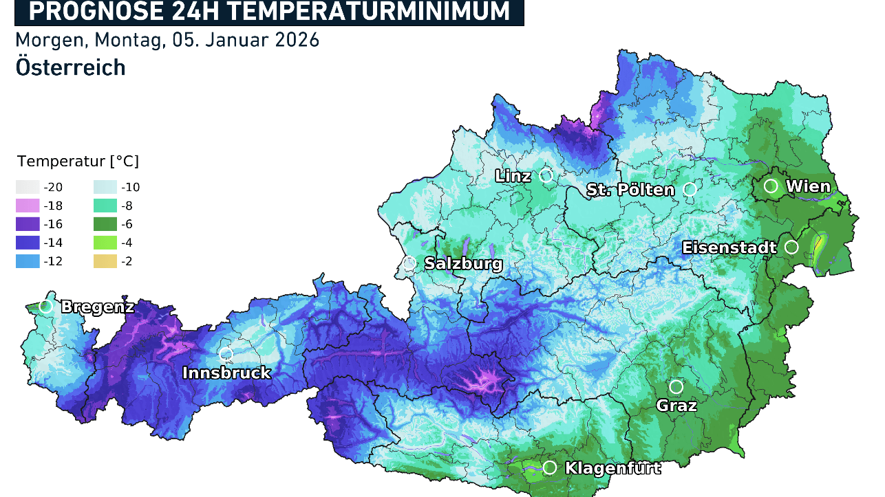Prognose der Tiefstwerte am Montag