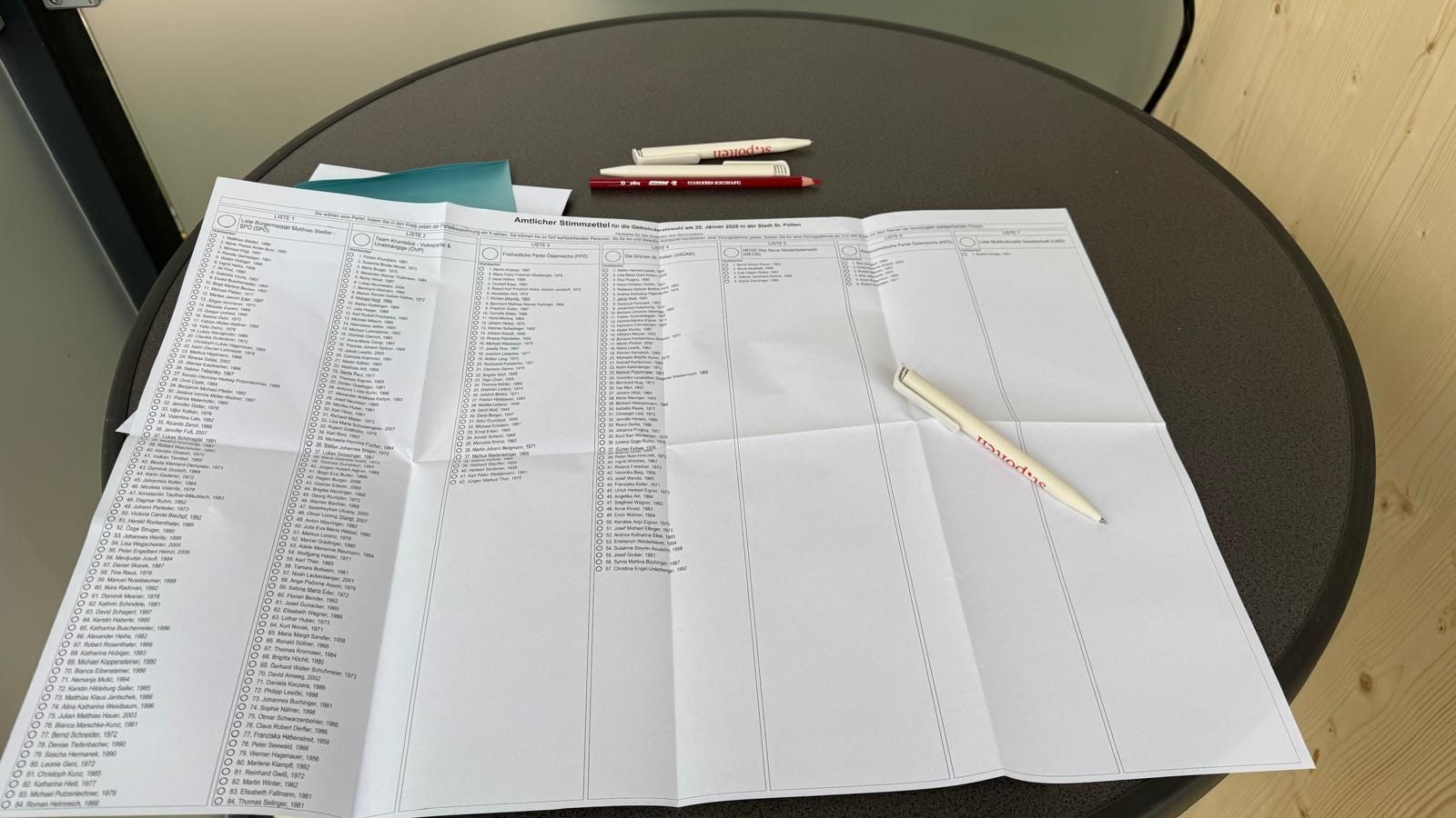 So sieht der Stimmzettel bei der Wahl am 25.1.2026 in St. Pölten aus.