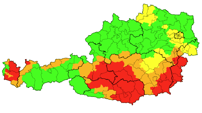 Die aktuelle Warnkarte für Österreich, 14.20 Uhr.