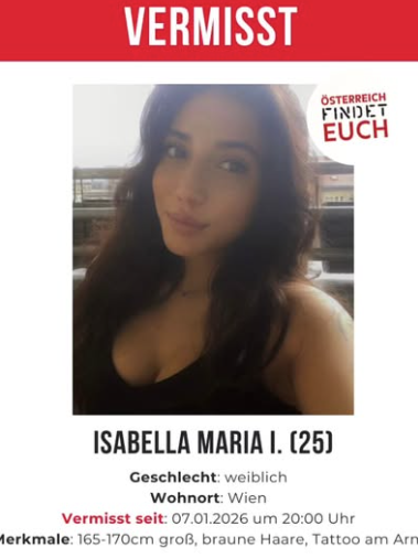 Die 25-jährige Isabella Maria I. wird seit 7. Jänner 2026 in Wien vermisst.