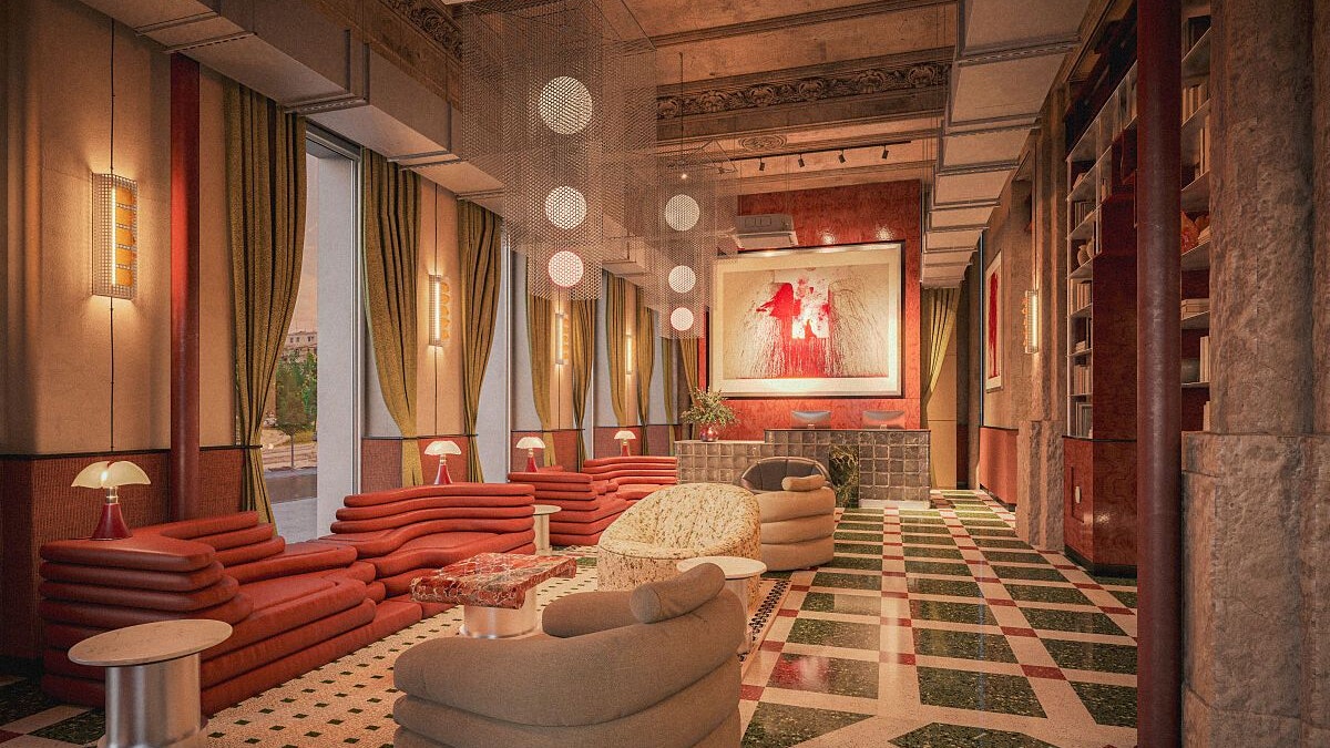 Das Rendering des im März eröffnenden "The Companion" am Westbahnhof verspricht Midcentury-Design. In der Lobby prangt ein Blut-Kunstwerk des österreichischen Künstlers Hermann Nitsch.