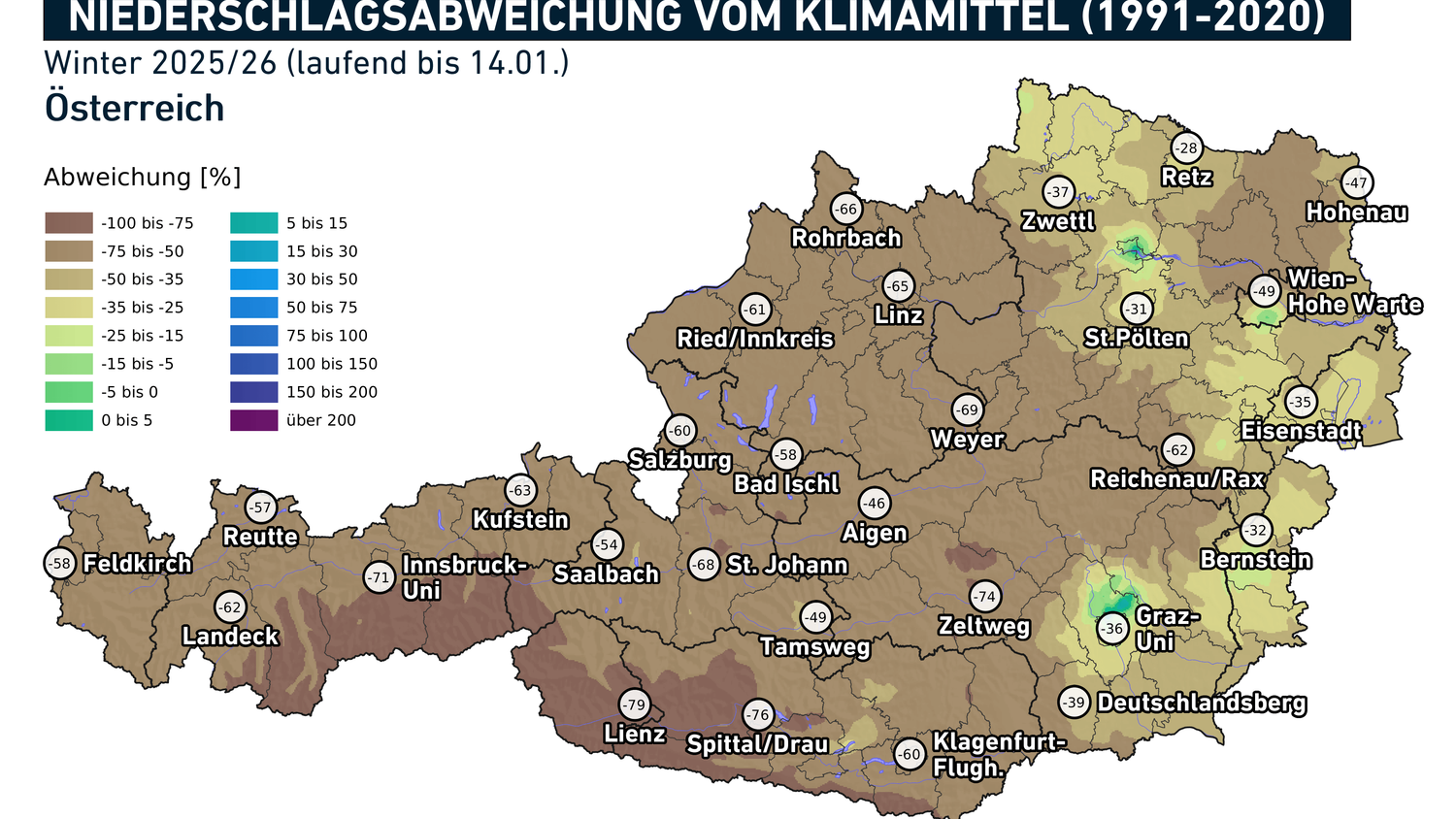 Niederschlagsabweichung vom langjährigen Klimamittel für den Winter 2025/2026 (bis zum 14.01.)
