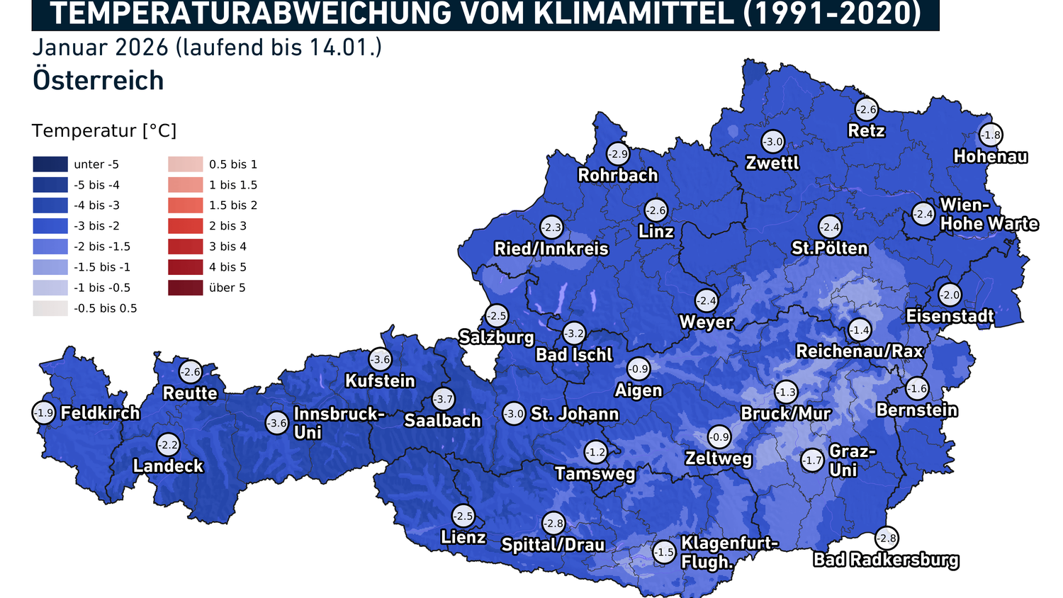 Temperaturabweichung vom langjährigen Klimamittel für den Jänner 2026 (bis zum 14.01.)