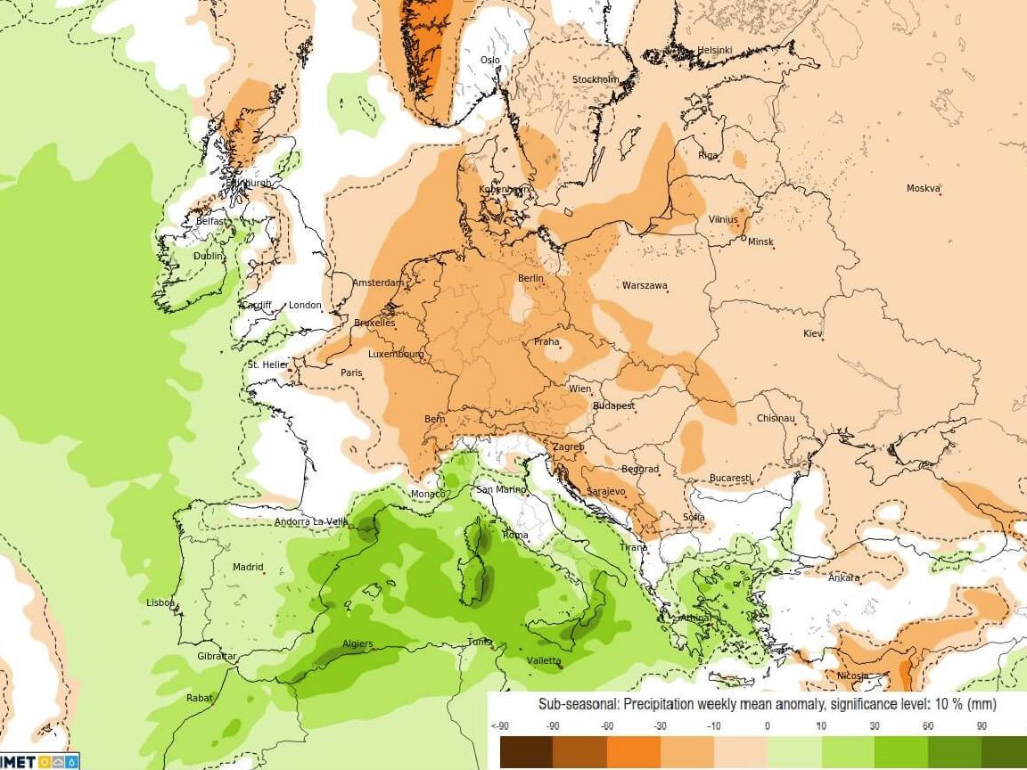 Prognose der Niederschlagsabweichung für die kommende Woche (grün = nass, orange = trocken)