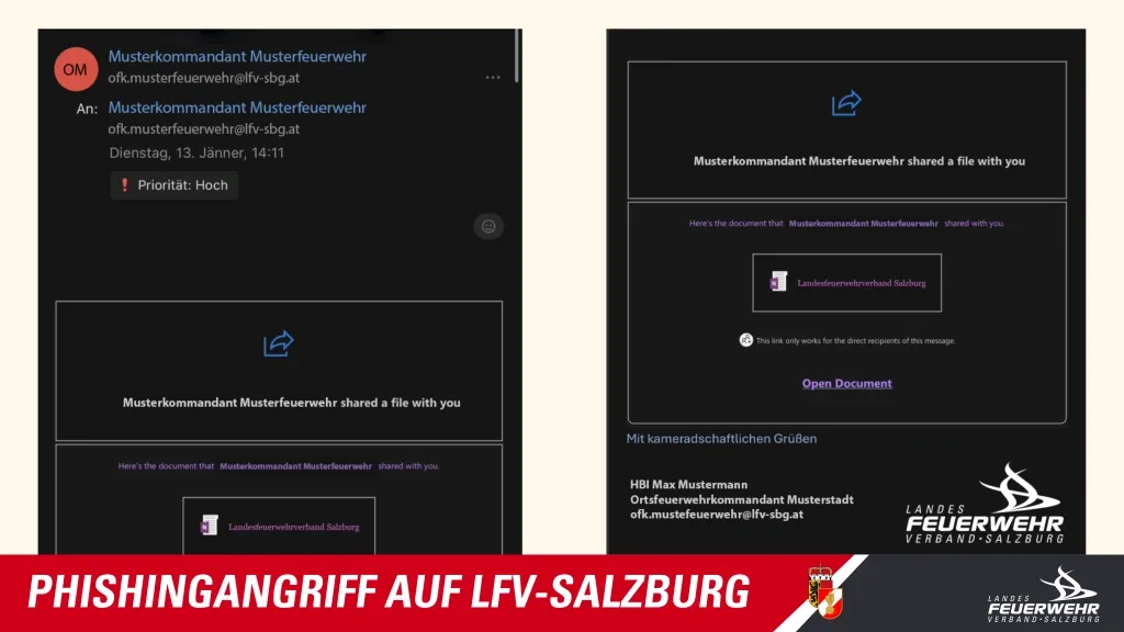 Das Landesfeuerwehrkommando Salzburg empfiehlt Links wie in E-Mails wie im Foto nicht zu öffnen und diese als Spam zu melden.