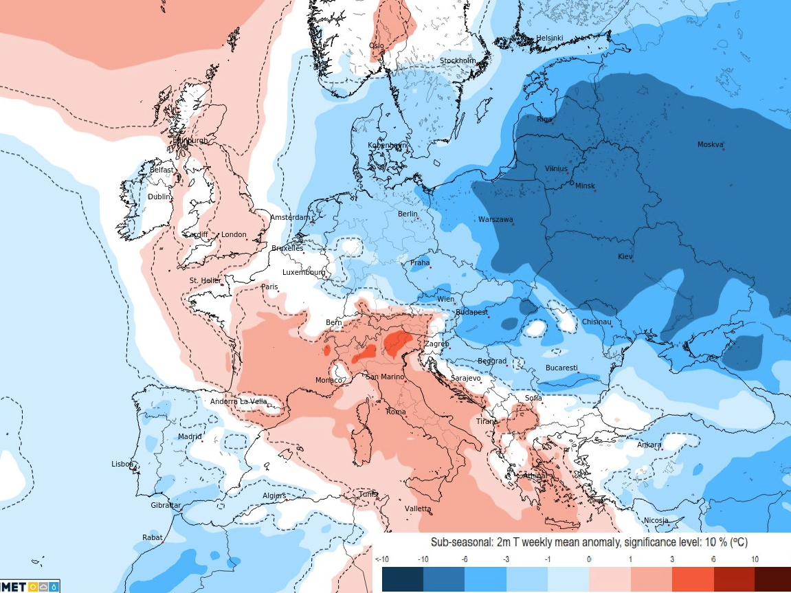 Prognose der Temperaturabweichung für die kommende Woche (blau=kalt, rot=mild)
