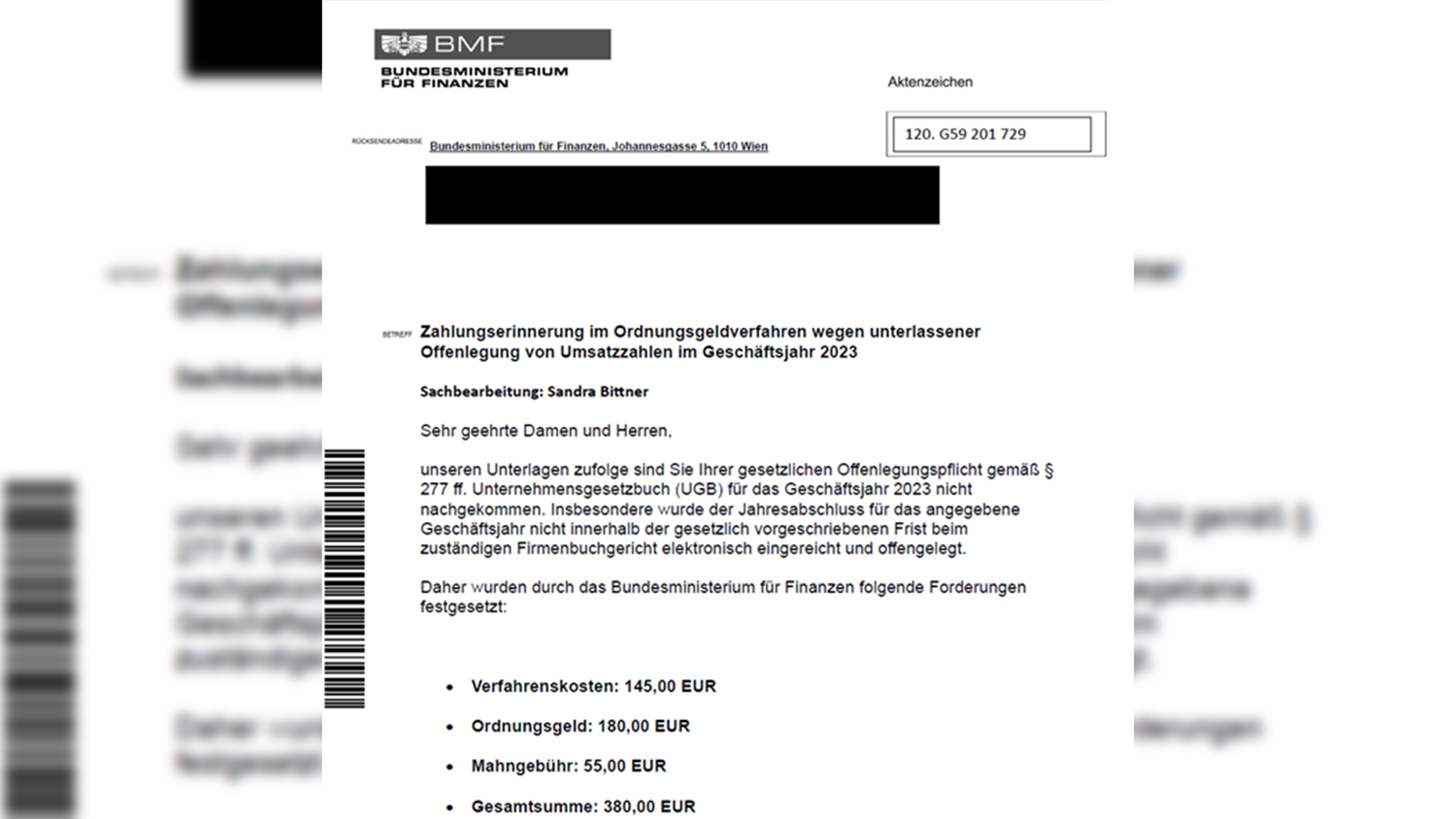 Das Finanzministerium zeigt auch ein Beispiel der aktuellen Betrugsmasche.