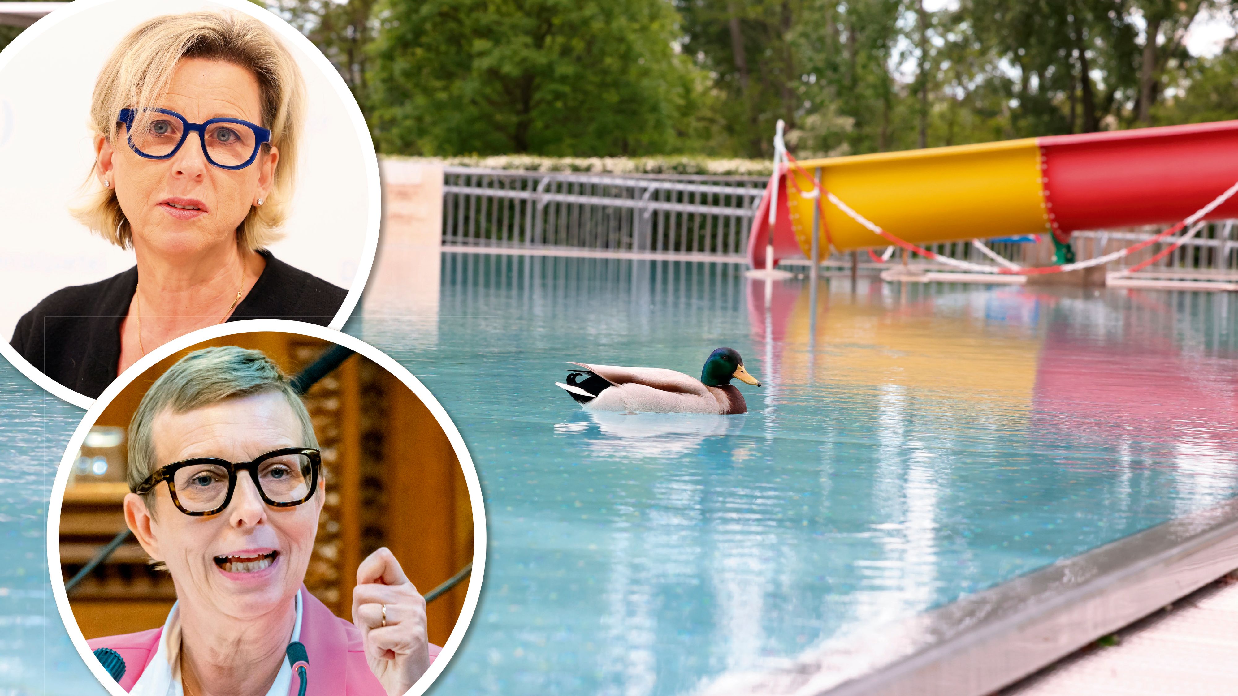 Ulrike Nittmann (FPÖ; oben) und Sabine Keri (ÖVP) kritisieren die geplanten Maßnahmen bei den Wiener Bädern.