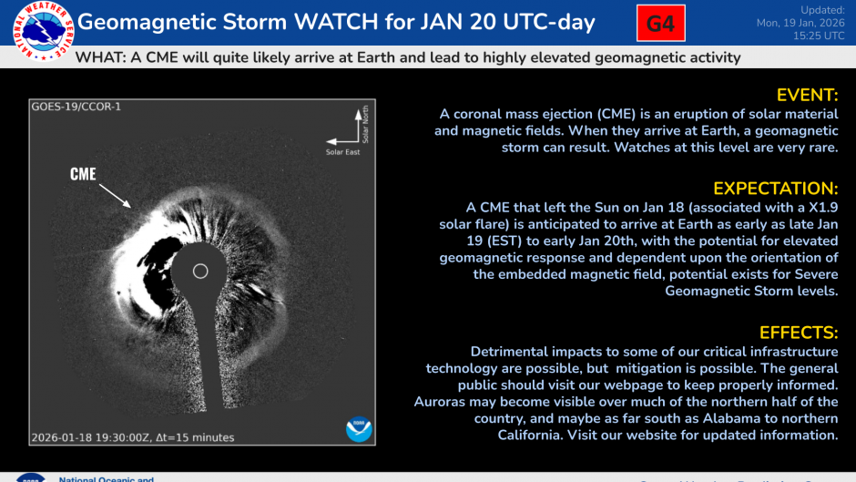Das SWPC hat die zweithöchste Warnstufe (G4) ausgegeben.