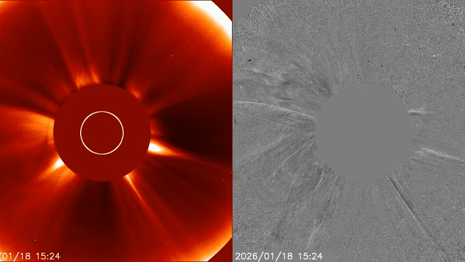 Das LASCO_C2-Instrument an Bord des Sonnen-Observatoriums SOHO zeichnete die Eruption am 18. Jänner 2026 auf.