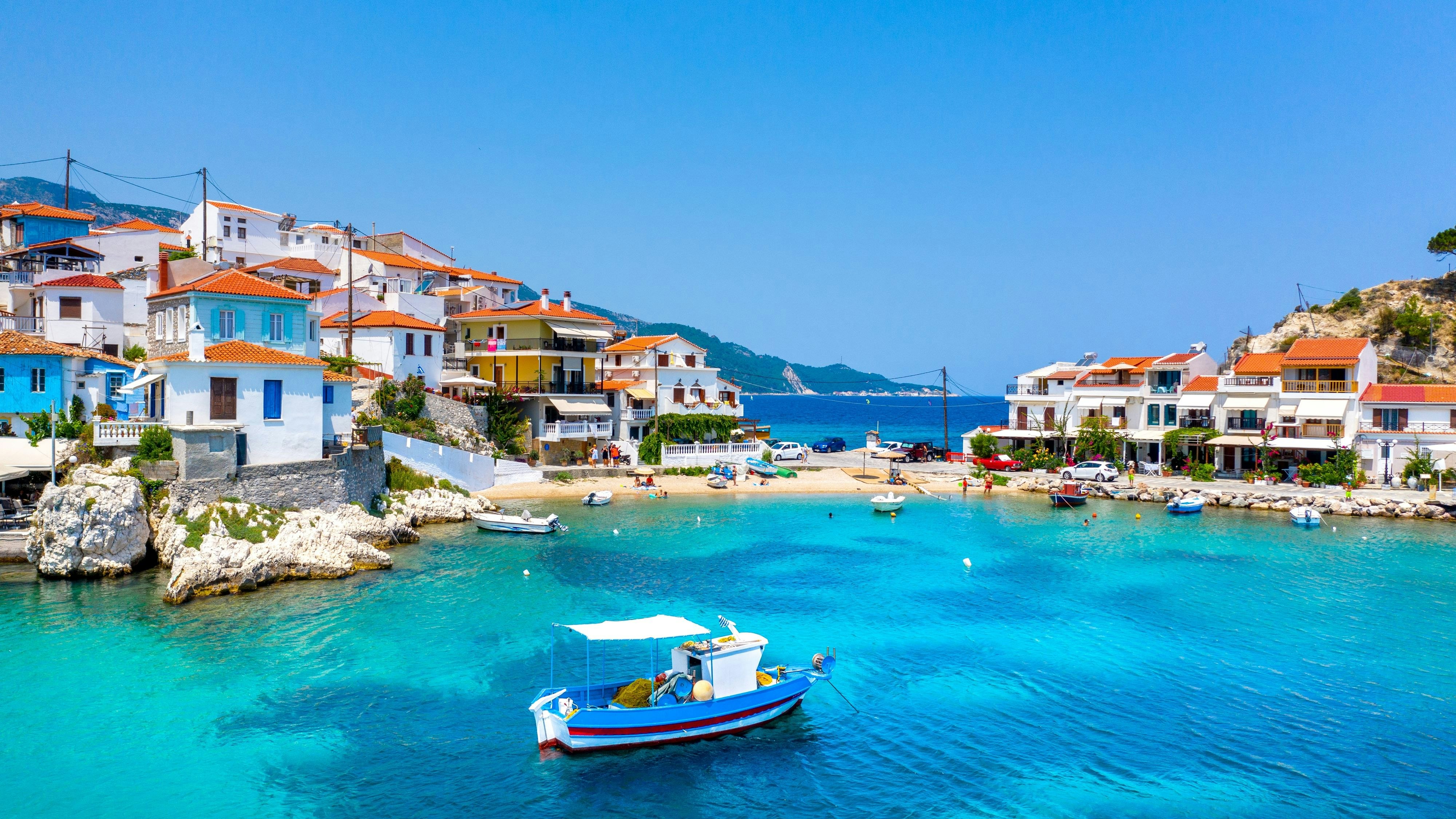 View of Kokkari fishing village with beautiful beach, Samos island, Greece