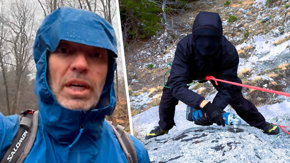 Links FPÖ-Chef Herbert Kickl bei einer Bergtour, rechts ein Vermummter&nbsp; beim Entfernen eines Bohrhakens – die Sabotage machte die Route lebensgefährlich.