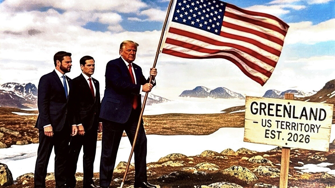 Trump, Vance und Rubio hissen die US-Flagge auf Grönland.
