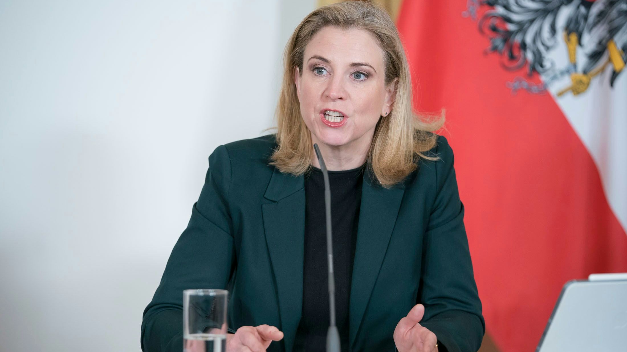 Beate Meinl-Reisinger beim Pressefoyer nach dem Ministerrat am 14. Jänner 2026. 