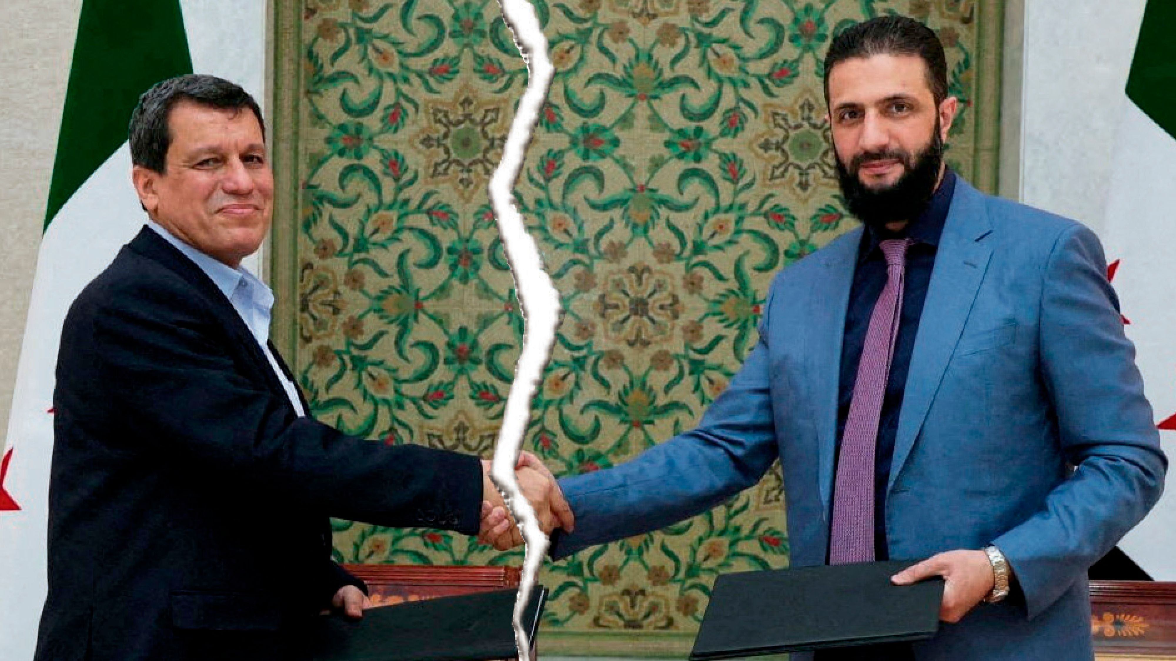 SDF-Kommandant Mazloum Abdi (l.) und Syriens Übergangspräsident Ahmed al-Sharaa im März 2025. Bei fünfstündigen Verhandlungen über die Zukunft der kurdischen Autonomiegebiete am 19. Jänner 2026 in Damaskus kam es nun zum Bruch.