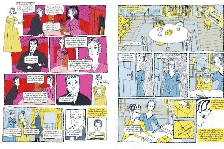 Klare Farbsprache: Das Leben von Jane Austen ins in Gelb- und Grau-Tönen gehalten, ihre Texte sind knallpink