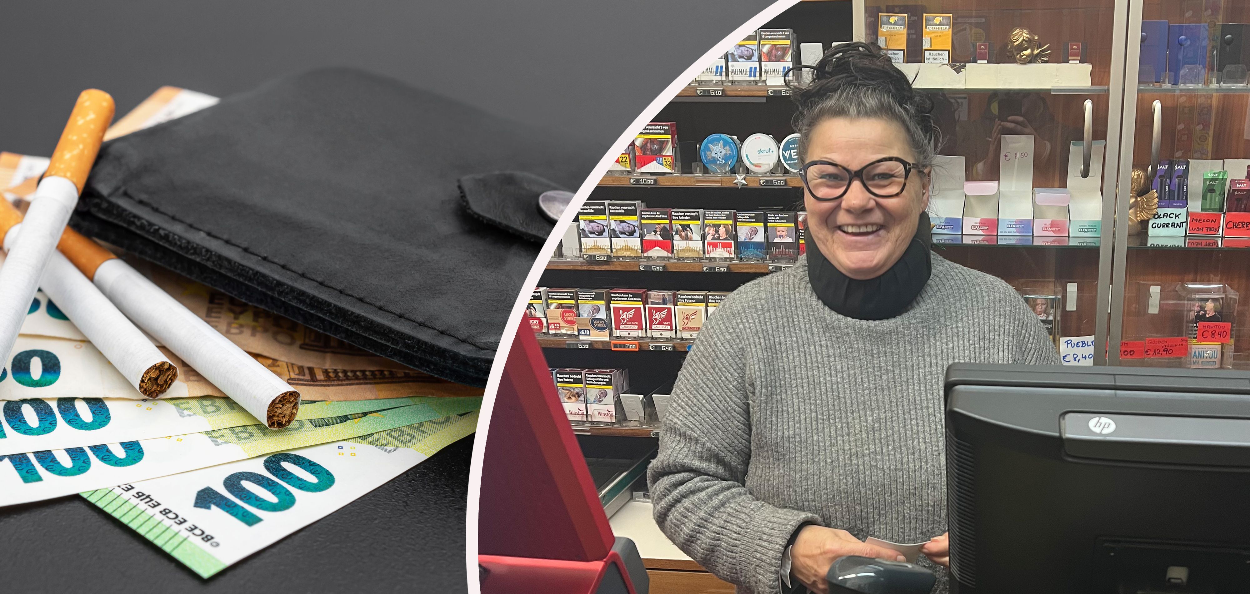 Karin B. (60, rechts, Name von der Redaktion geändert) betreibt seit Jahren eine Trafik in Wien – steigende Zigarettenpreise sorgen bei Kunden für Ärger. Viele kaufen ihre Zigaretten jetzt im Ausland, erzählt sie <em>