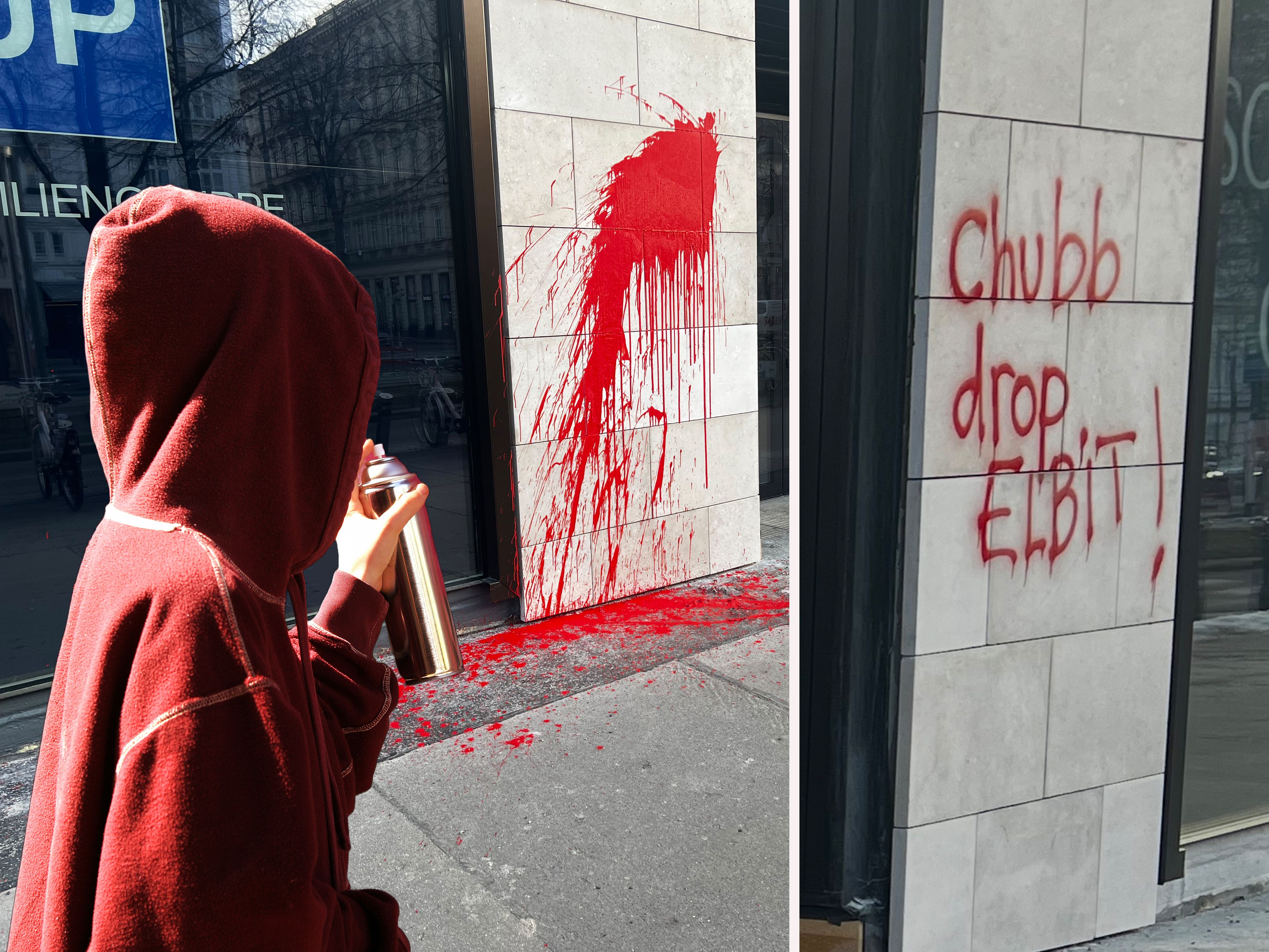 Links ein Sprayer (Symbolbild) mit Farbdose, rechts die Folgen der Attacke: Rote Farbe und die Parole 