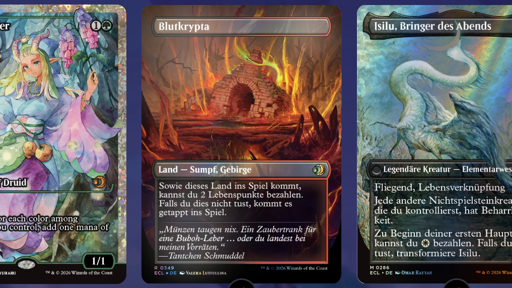 Viele Karten haben eine Vorder- und Rückseite, die sie auf Lorwyn bzw. Schattenmoor zeigen.