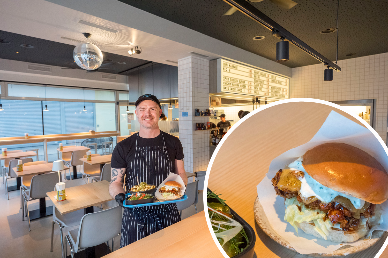 Koch Harald Keller mit dem Chicken Nanban Burger, Dirty Fries und Sensei Pickles