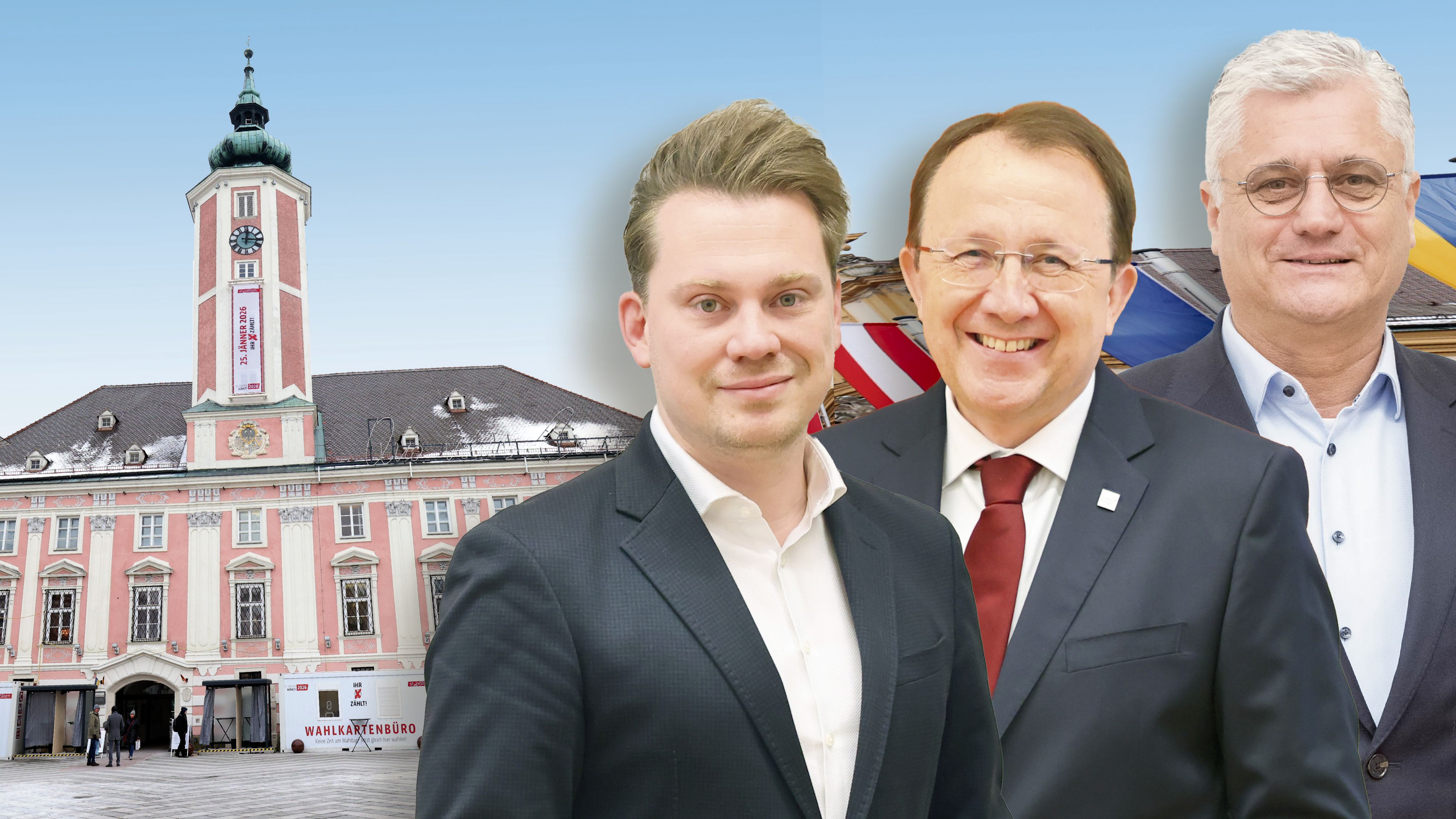 Wahl in St. Pölten: Das vorläufige Ergebnis steht fest. Im Bild: Das Rathaus und die Spitzenkandidaten Krumböck (VP), Stadler (SP) und Antauer (FP, v.l.)