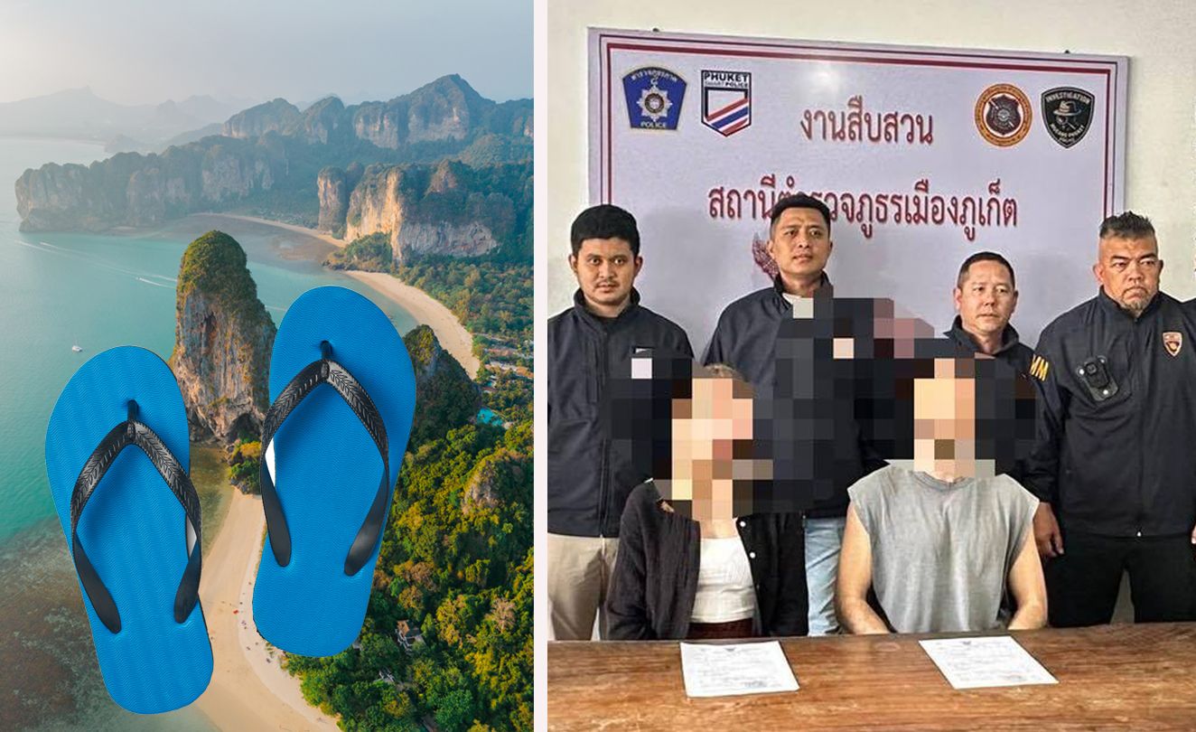 Großer Einsatz wegen kleiner Beute: Vor thailändischen Ermittlern sitzen zwei Verdächtige, daneben Flip-Flops – sie sollen aus einem Spa in Phuket gestohlen worden sein.