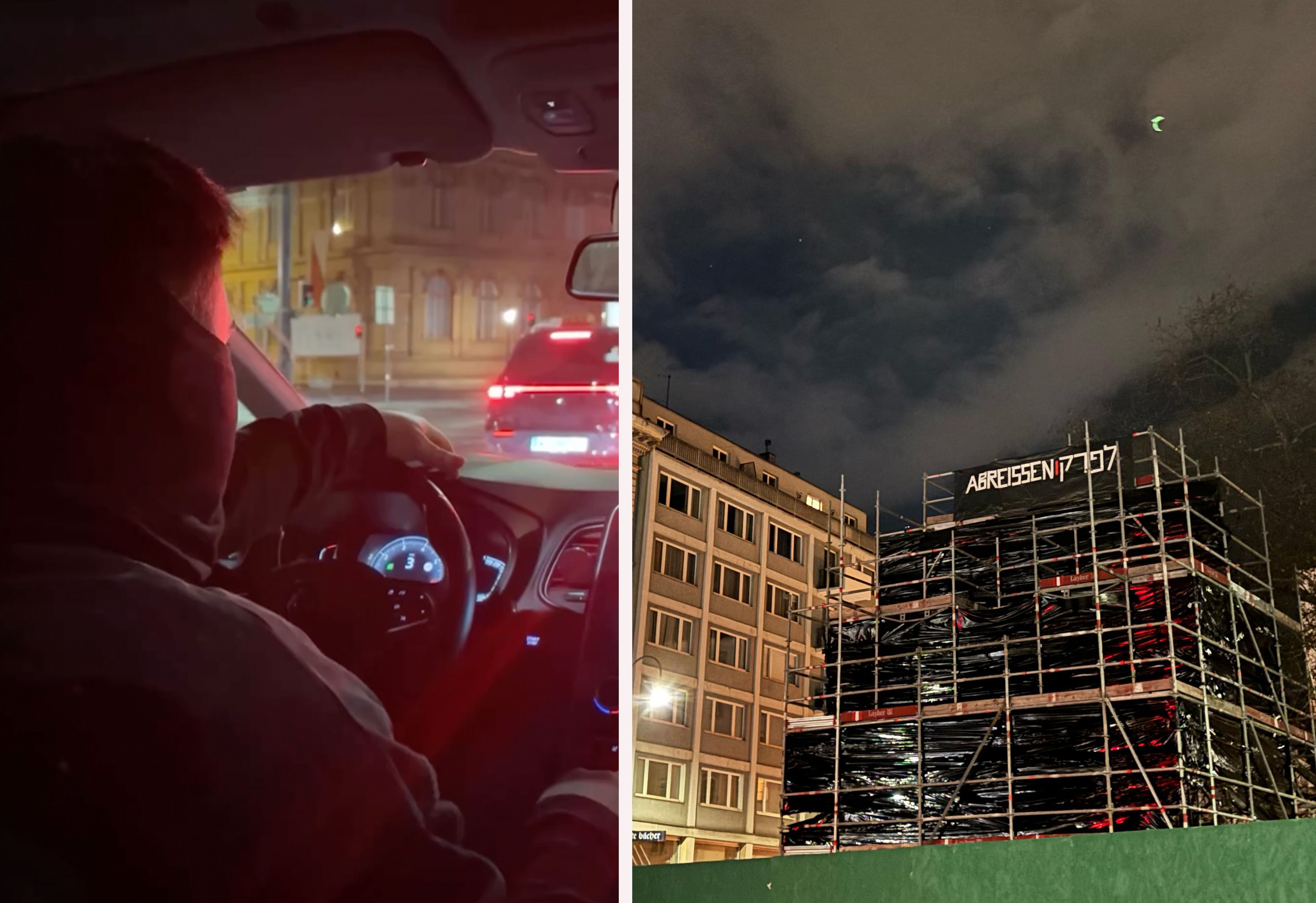 Links: Anfahrt in der Nacht – die Aktion wurde gezielt und unauffällig vorbereitet. Rechts: Das Lueger-Denkmal vollständig mit schwarzem Nylon verhüllt.