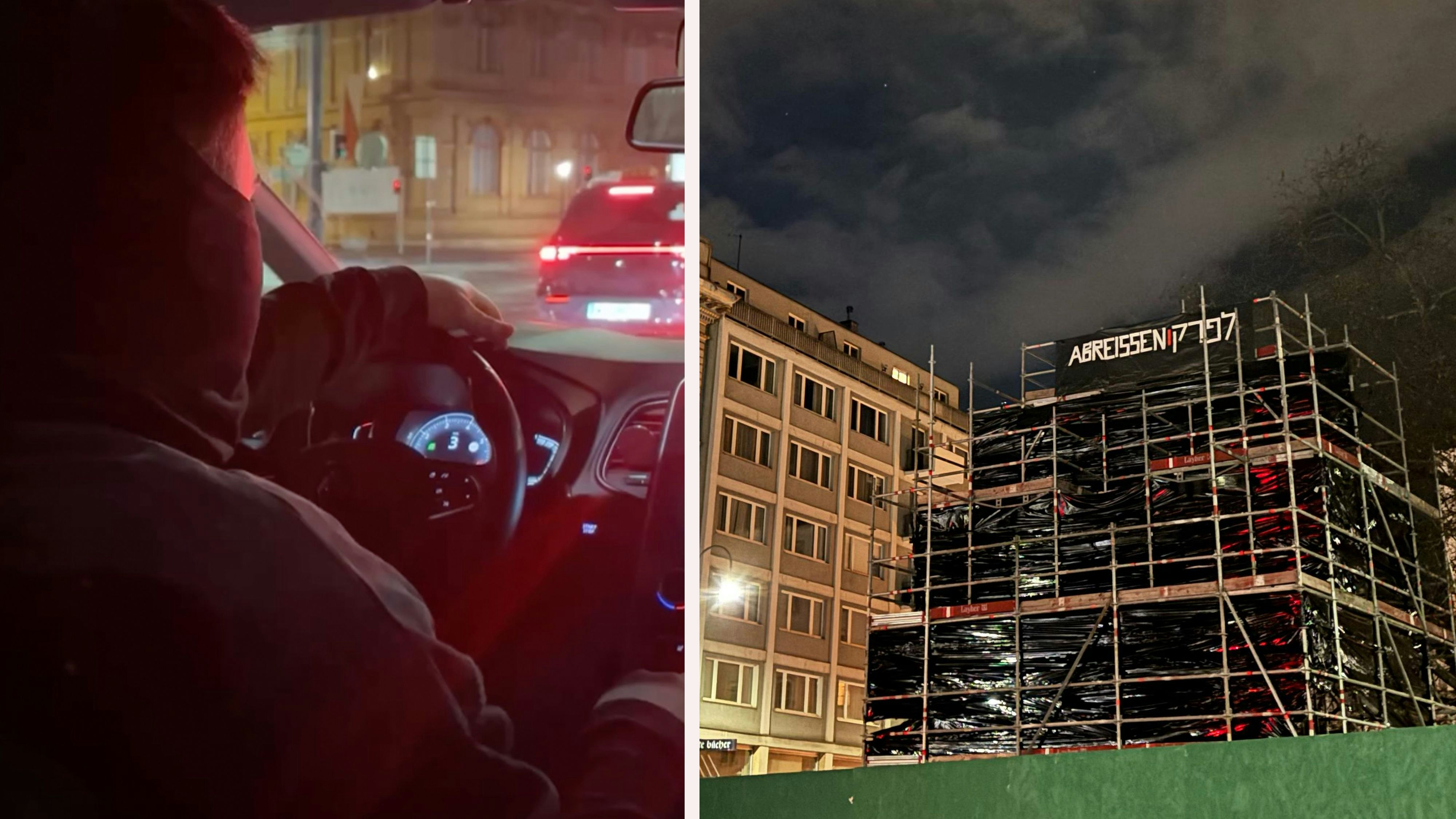 Links: Anfahrt in der Nacht – die Aktion wurde gezielt und unauffällig vorbereitet. Rechts: Das Lueger-Denkmal vollständig mit schwarzem Nylon verhüllt.