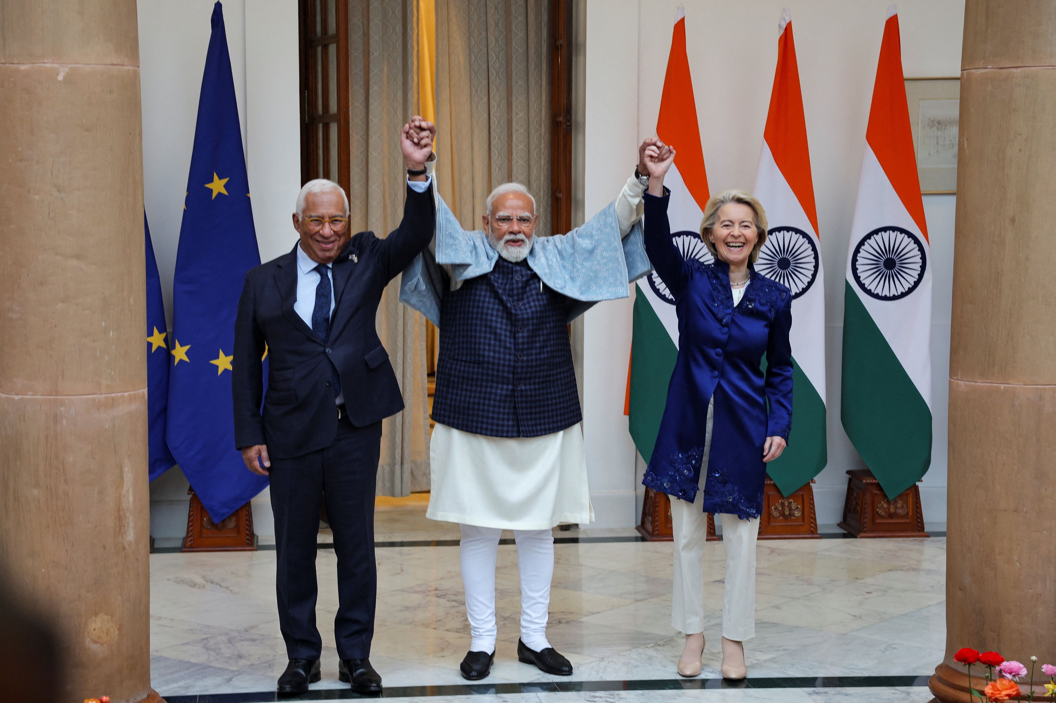EU-Ratspräsident António Costa, der indische Premierminister Narendra Modi und Kommissionspräsidentin Ursula von der Leyen.