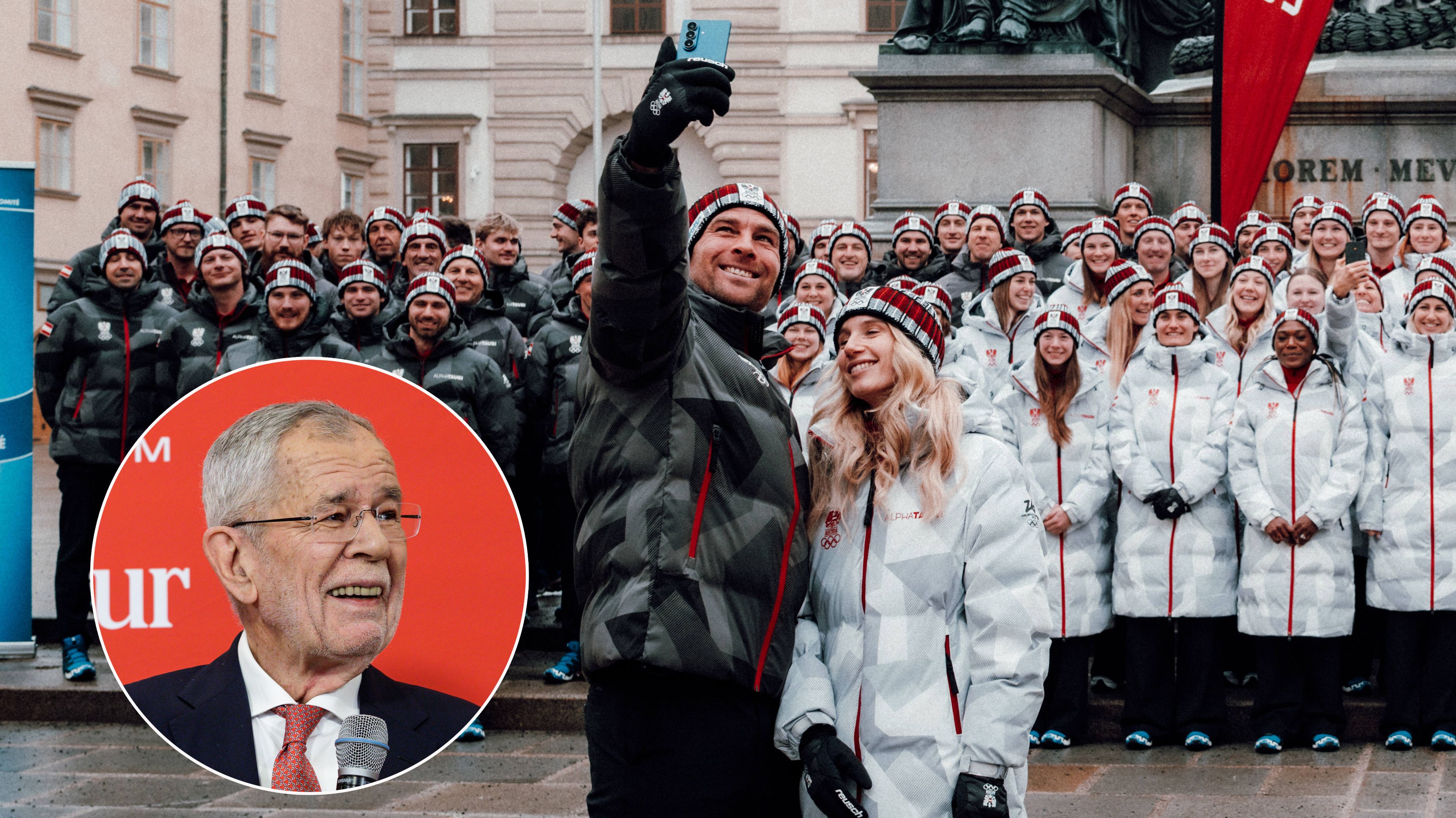 Alexander Van der Bellen verabschiedet die Athleten. Das Olympia-Team posierte vor der Abreise nach Cortina für ein Selfie mit den Fahnenträgern Benjamin Karl und Anna Gasser.
