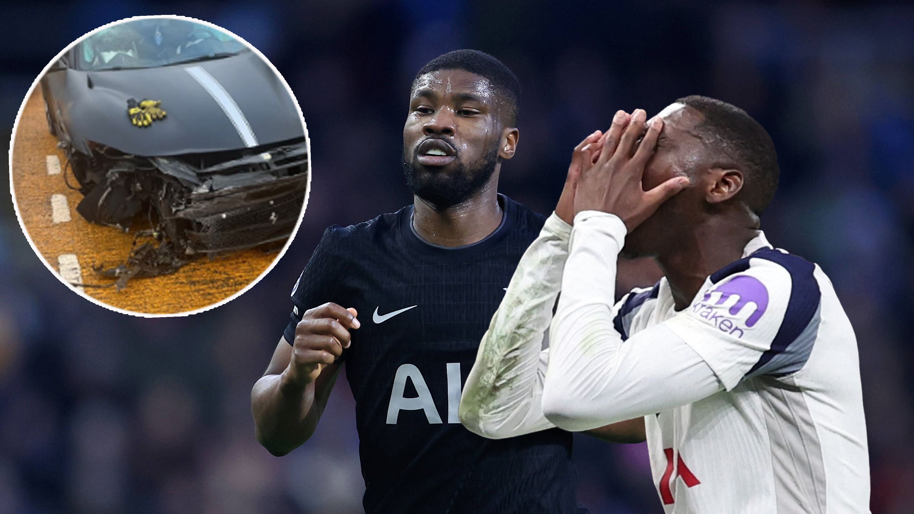 Kolo Muani (r.) war in einen schweren Autounfall verwickelt. Der Ferrari zeigt die Wucht des Crashs.